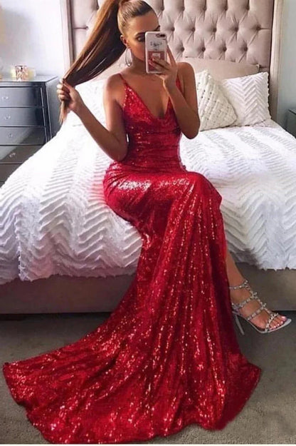 Mermaid Spaghetti Straps Prom Dresses Side Slit Backless Formal Dresses