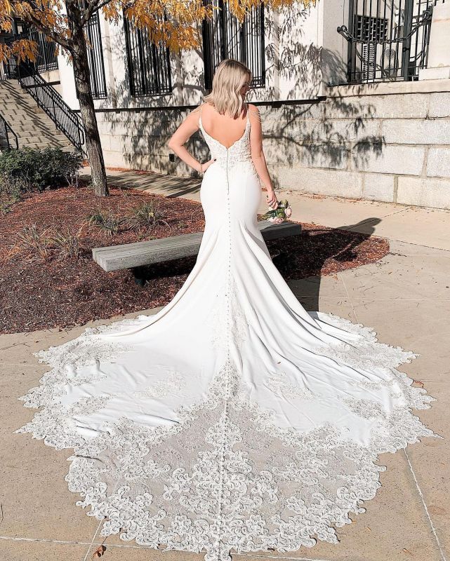 Sexy Lace Mermaid Spaghetti Straps V Neck Backless Beach Wedding Dresses