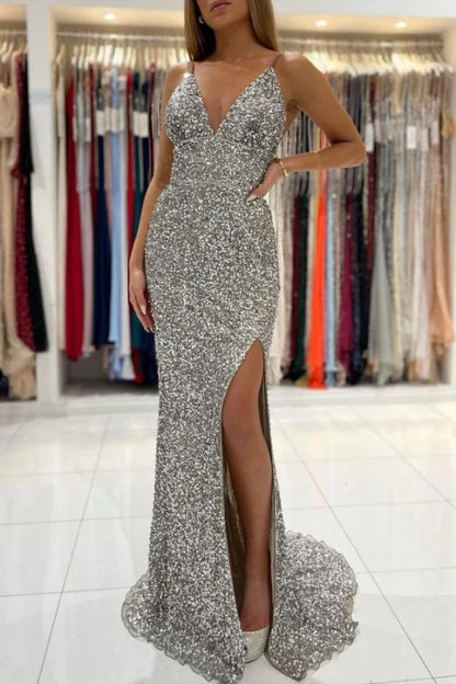 Sexy Memraid V Neck Spaghetti Straps Backless Prom Dresses Sequins Long