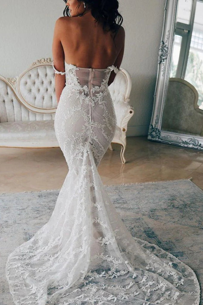 Mermaid Backless Off the Shoulder Lace Long Wedding Dresses Bride Dresses