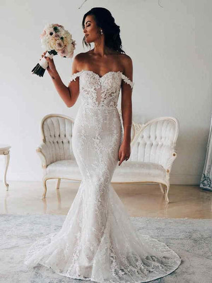 Mermaid Backless Off the Shoulder Lace Long Wedding Dresses Bride Dresses