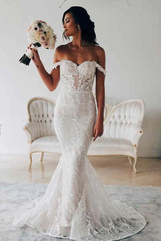 Mermaid Backless Off the Shoulder Lace Long Wedding Dresses Bride Dresses