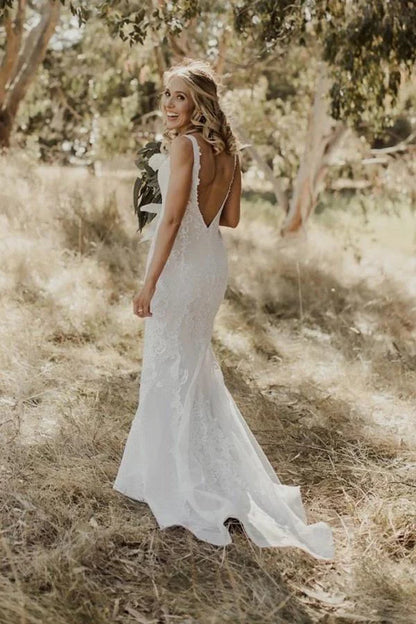 Mermaid Lace Beach Wedding Dress, Boho Backless Long Wedding