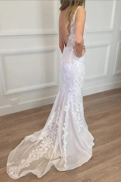 Mermaid Lace Beach Wedding Dress, Boho Backless Long Wedding