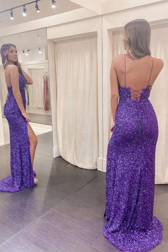 Mermaid Purple Spaghetti Straps Sequins Long Evening Dress Backless Prom Dresses