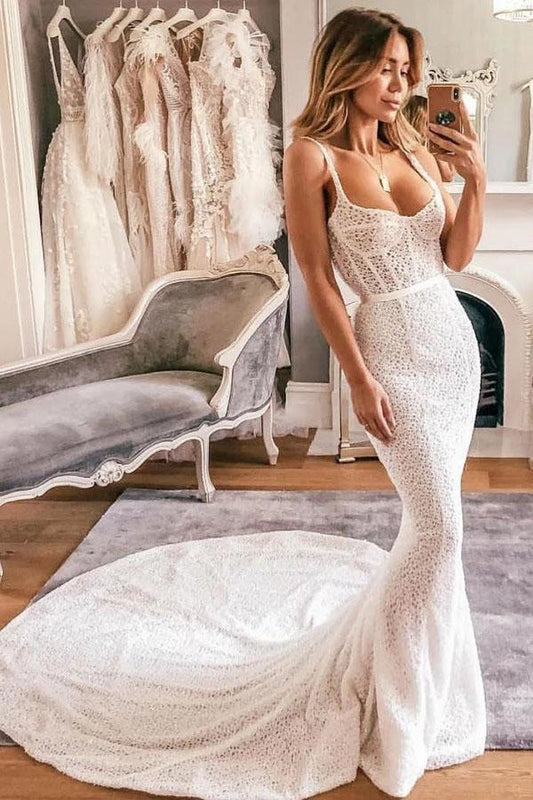 Mermaid Spaghetti Straps Lace Sweetheart Wedding Dresses