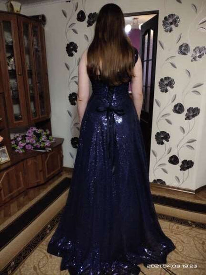 Sexy One-Shoulder Prom Dresses A Line Navy Blue Sequined Cheap Prom Dress with Split