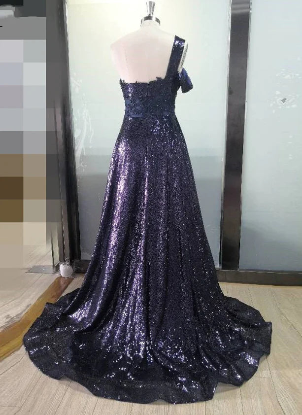 Sexy One-Shoulder Prom Dresses A Line Navy Blue Sequined Cheap Prom Dress with Split