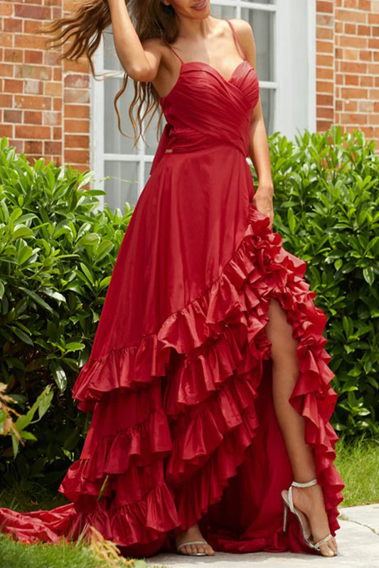 Sexy Open Back Prom Dresses A Line Straps Satin With Cascading Ruffles Asymmetrical
