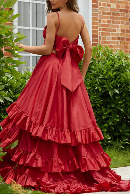 Sexy Open Back Prom Dresses A Line Straps Satin With Cascading Ruffles Asymmetrical