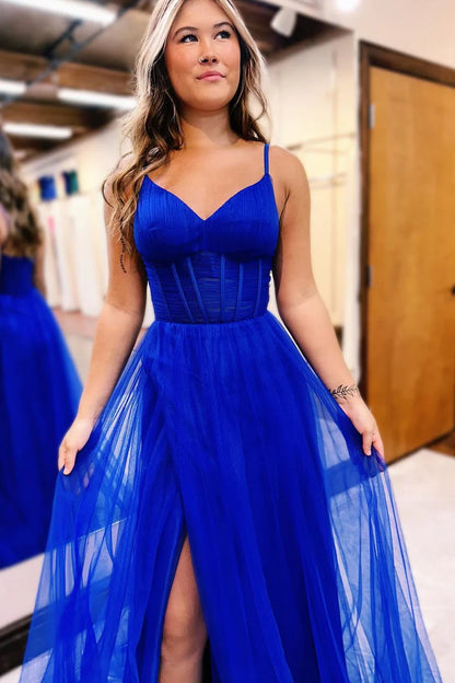 Sexy Open Back Spaghetti Straps A Line Tulle Split Prom Evening Dresses