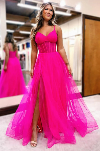 Sexy Open Back Spaghetti Straps A Line Tulle Split Prom Evening Dresses