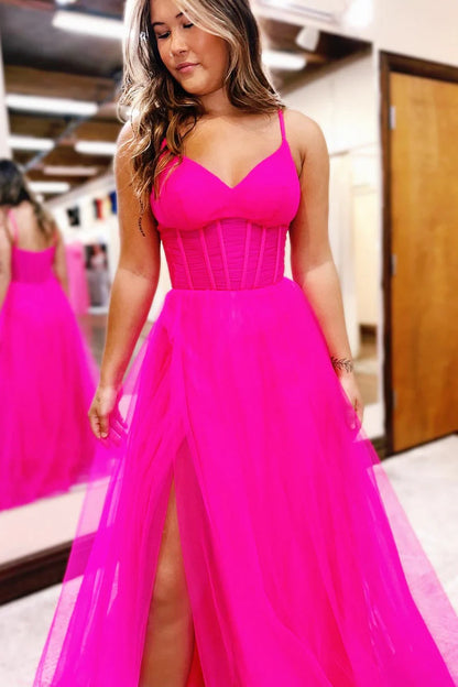 Sexy Open Back Spaghetti Straps A Line Tulle Split Prom Evening Dresses