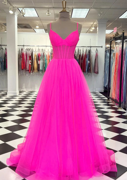 Sexy Open Back Spaghetti Straps A Line Tulle Split Prom Evening Dresses