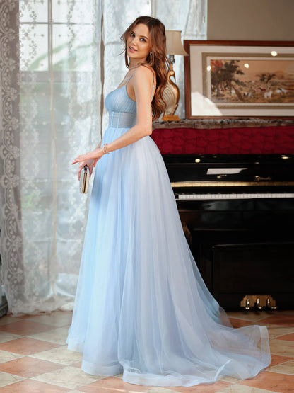Sexy Open Back Spaghetti Straps A Line Tulle Split Prom Evening Dresses