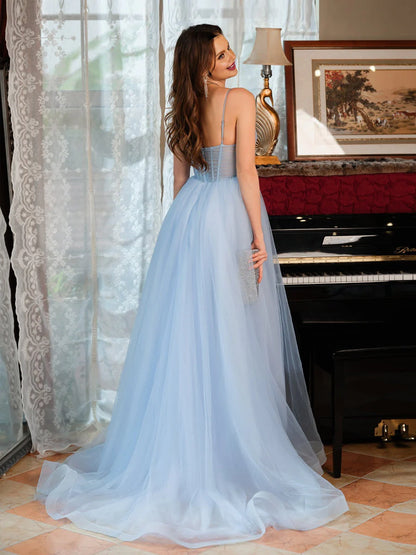 Sexy Open Back Spaghetti Straps A Line Tulle Split Prom Evening Dresses