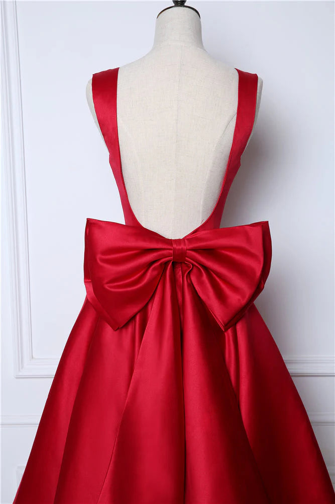 Sexy Open Back Straps Prom Dresses Satin With Bow Knot Tea-Length
