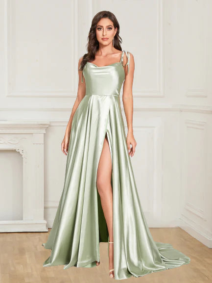 Sexy Satin Spaghetti Straps Sleeveless Split Front Prom Dress