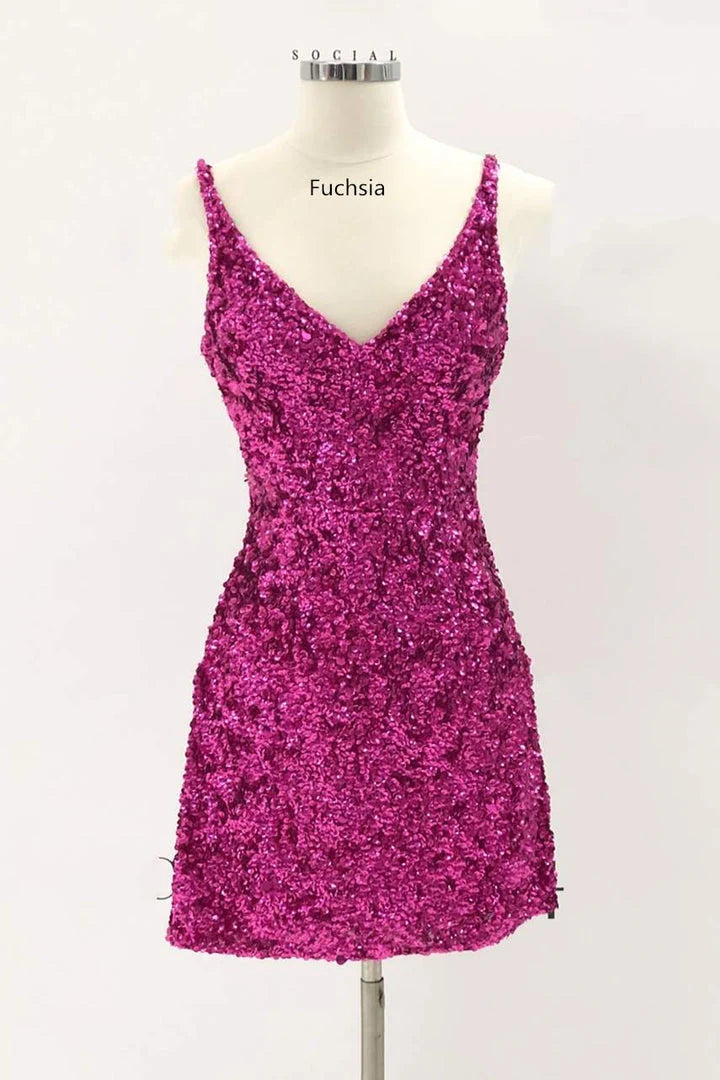 Sexy Sequin Homecoming Dresses Spaghetti Straps Sheath Open Back Short/Mini