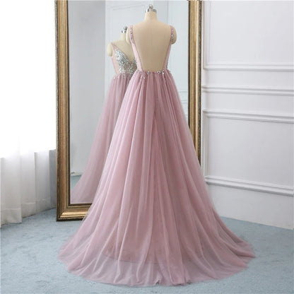 Sexy Slit Beading Tulle Backless V Neck Long Evening Dresses Sleeveless Party Dresses