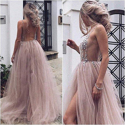 Sexy Slit Beading Tulle Backless V Neck Long Evening Dresses Sleeveless Party Dresses