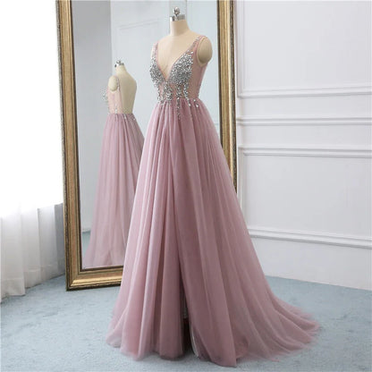 Sexy Slit Beading Tulle Backless V Neck Long Evening Dresses Sleeveless Party Dresses