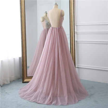 Sexy Slit Beading Tulle Backless V Neck Long Evening Dresses Sleeveless Party Dresses