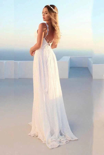 Sexy Spaghetti Straps Sleeveless Beach Simple Wedding Dresses Backless Long Beach Bride Dress