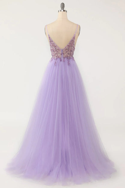 Sexy Spaghetti Straps Tulle V Neck Lavender Long Beaded Sleeveless Prom Dresses