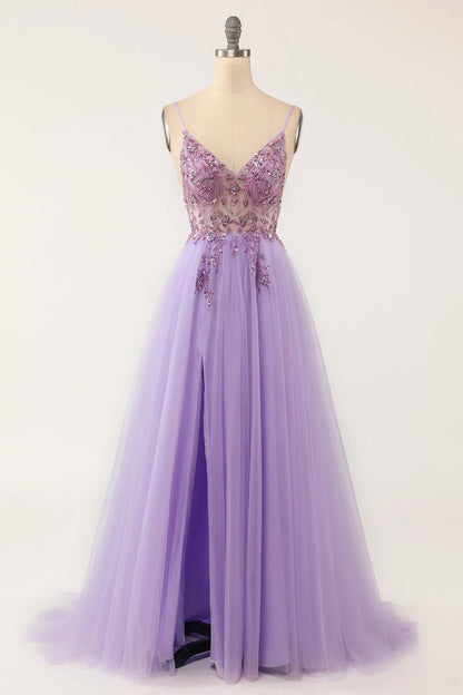 Sexy Spaghetti Straps Tulle V Neck Lavender Long Beaded Sleeveless Prom Dresses