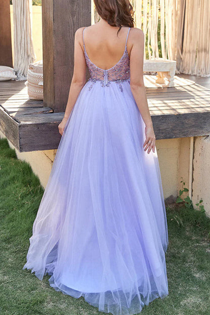 Sexy Spaghetti Straps Tulle V Neck Lavender Long Beaded Sleeveless Prom Dresses