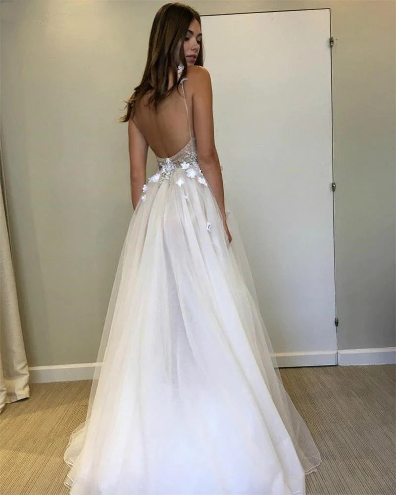 Sexy Spaghetti Straps V Neck A Line Tulle Ivory Backless Prom Dresses Wedding Dresses