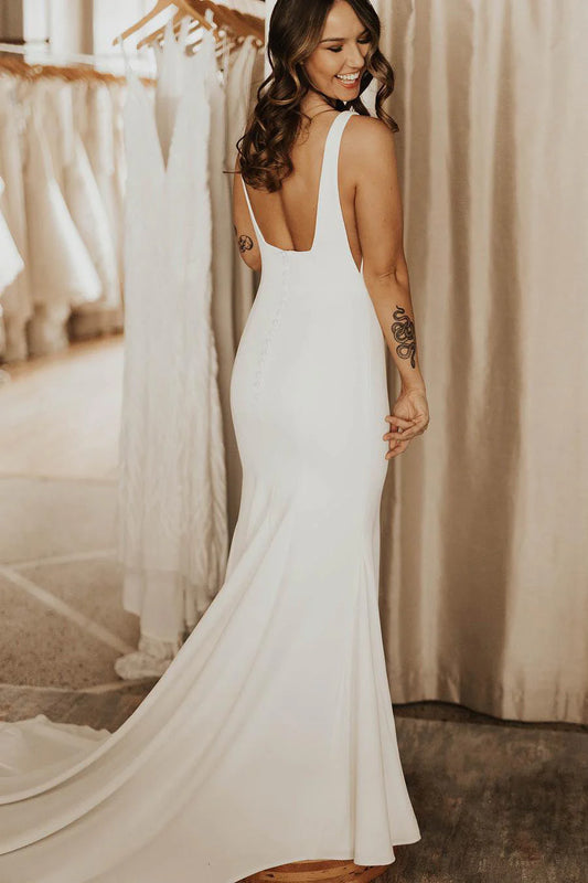 Sexy Straps Square Neck Mermaid Satin Open Back Wedding Dresses