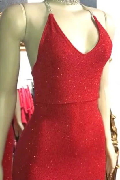 V Neck Red Glitter Sequins Prom Dresses Mermaid Halter Backless Evening Gowns