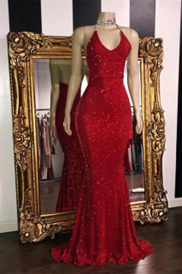 V Neck Red Glitter Sequins Prom Dresses Mermaid Halter Backless Evening Gowns