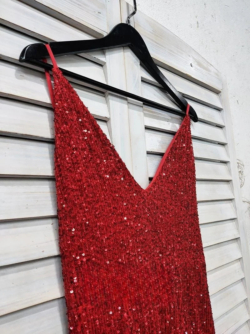 V Neck Red Glitter Sequins Prom Dresses Mermaid Halter Backless Evening Gowns