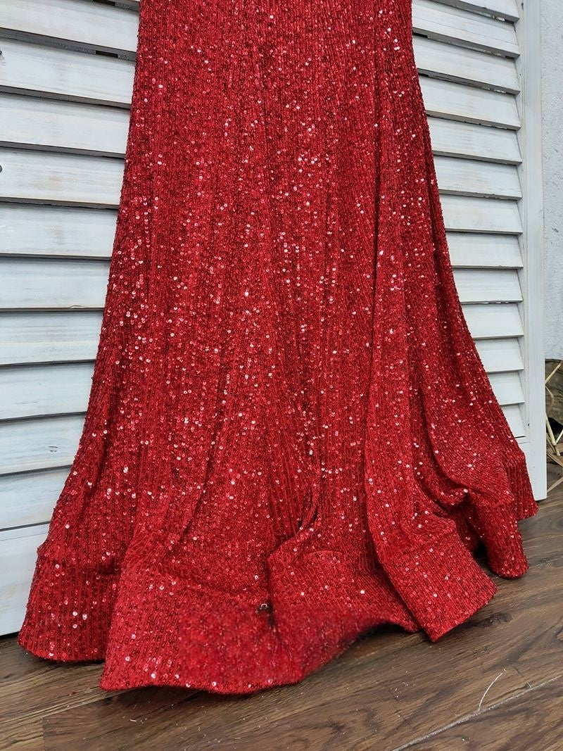 V Neck Red Glitter Sequins Prom Dresses Mermaid Halter Backless Evening Gowns