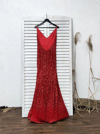 V Neck Red Glitter Sequins Prom Dresses Mermaid Halter Backless Evening Gowns