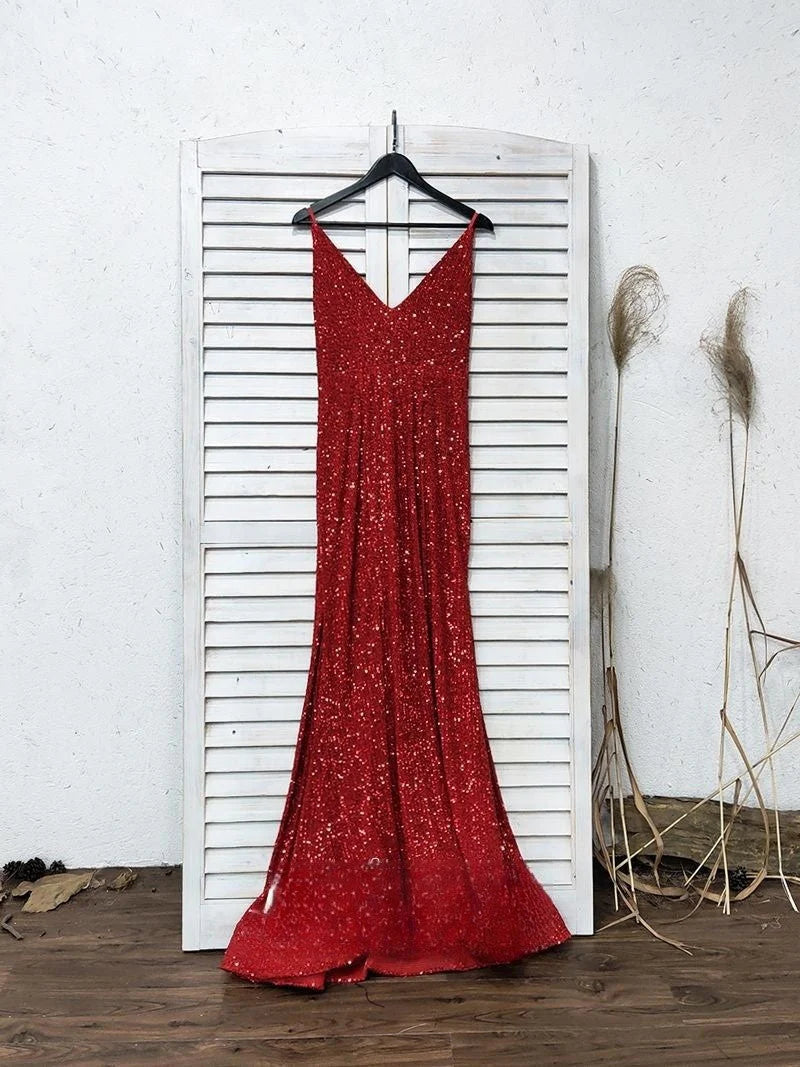 V Neck Red Glitter Sequins Prom Dresses Mermaid Halter Backless Evening Gowns