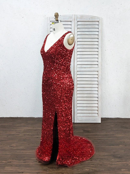 V Neck Straps Sequins Side Slit Prom Dresses Long Mermaid Formal Dress