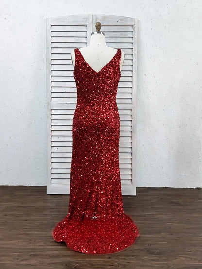 V Neck Straps Sequins Side Slit Prom Dresses Long Mermaid Formal Dress