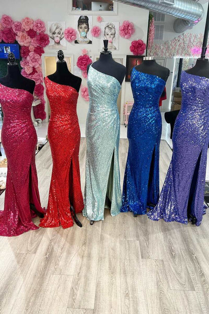 Sheath/Column Split Front Floor Length One Shoulder Sequins Prom Dresses