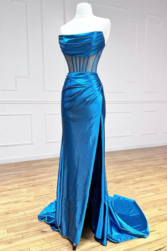 Sheath Satin Strapless Pleated Boning Sheer Long Prom Dress with Slit