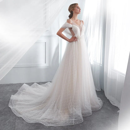 A Line Beading Tulle Wedding Dresses