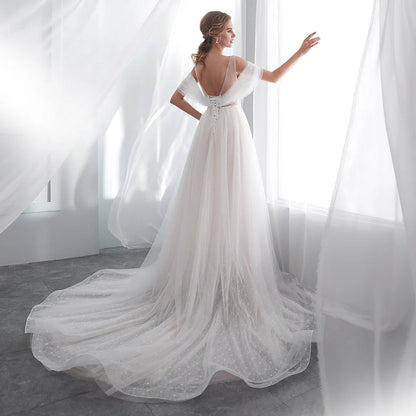 A Line Beading Tulle Wedding Dresses