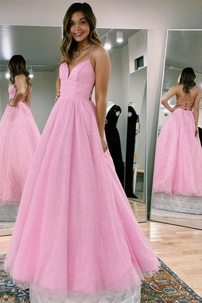 Shiny A Line V Neck Backless Pink Long Prom Dress, Open Back Pink Formal Evening Dress