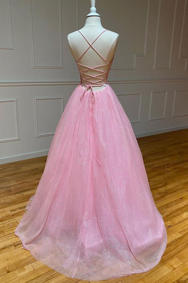 Shiny A Line V Neck Backless Pink Long Prom Dress, Open Back Pink Formal Evening Dress