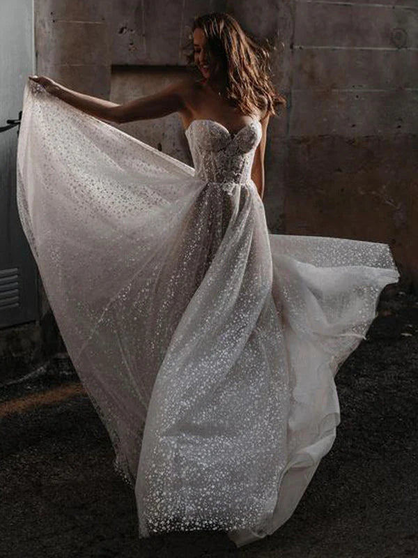 Glitter Vintage Wedding Dresses A Line Sweetheart Elegant Bride Dress