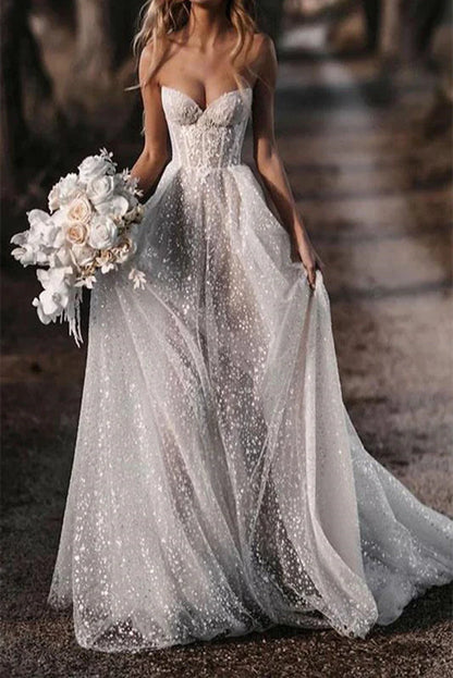 Glitter Vintage Wedding Dresses A Line Sweetheart Elegant Bride Dress