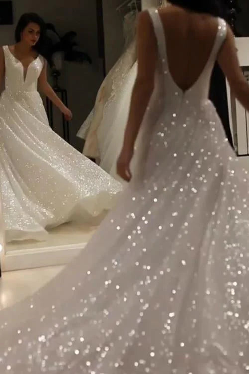 Shiny Ivory Sequins V Neck Backless Straps Wedding Dresses
